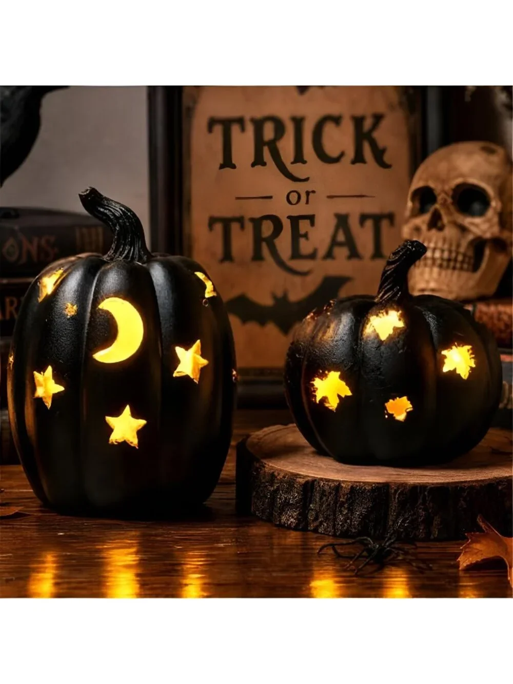 2 PCS Black Resin Light‑Up Pumpkin Figurine,5.3